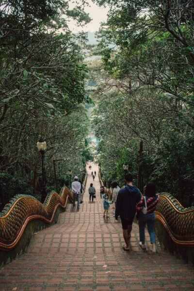Chiangmai-temple-path-scene1 Stone stairway descending through dense greenery in Chiang Mai, with a few people walking at an unhurried pace.