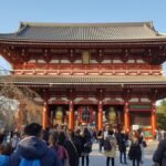 Crowded pedestrian area near a popular Tokyo temple