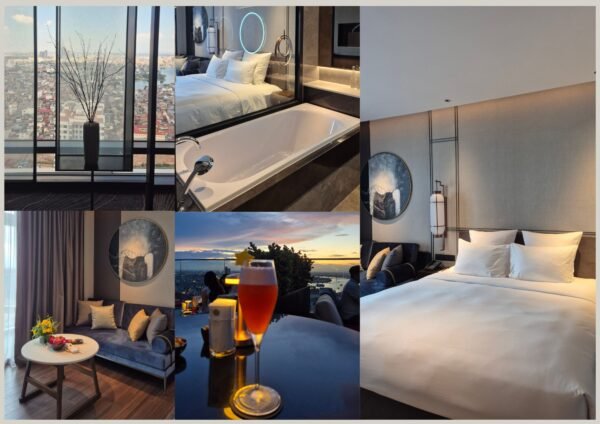 Pullman Hai Phong hotel bedroom, bathroom, living area and rooftop bar showing live in hotels