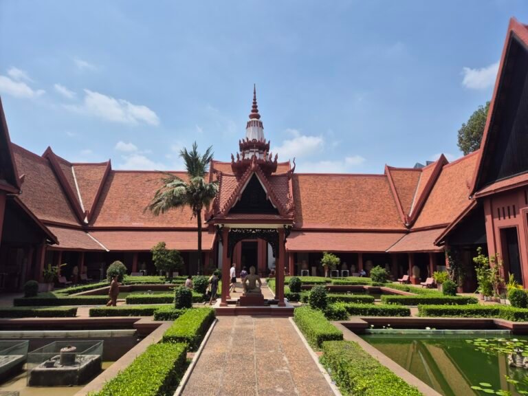Courtyard of National Museum of Cambodia in Phnom Penh with traditional Khmer architecture and garden pools