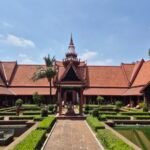 Courtyard of National Museum of Cambodia in Phnom Penh with traditional Khmer architecture and garden pools