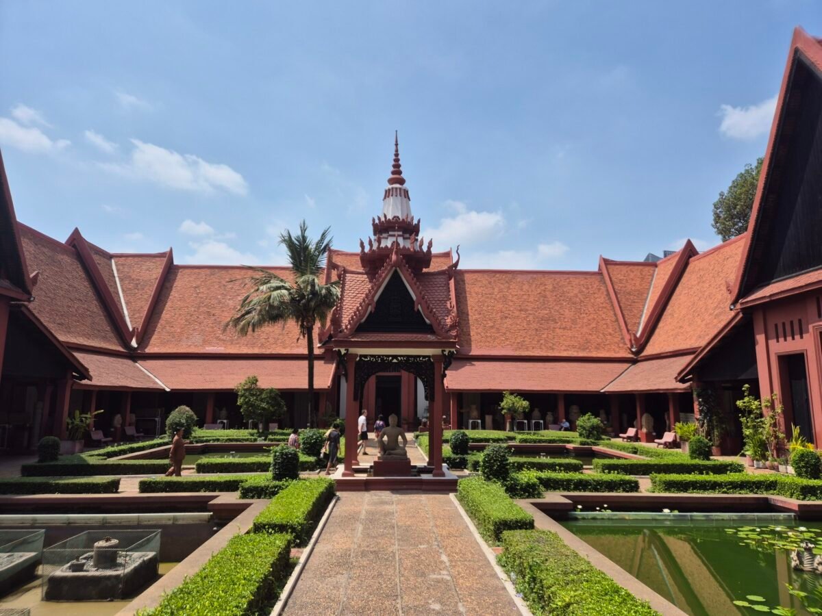 Courtyard of National Museum of Cambodia in Phnom Penh with traditional Khmer architecture and garden pools
