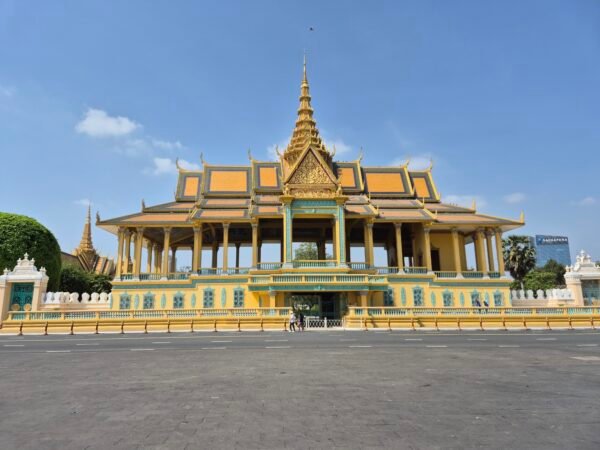 Main hall of Royal Palace Phnom Penh with ornate Khmer architecture and golden roof viewed from the front