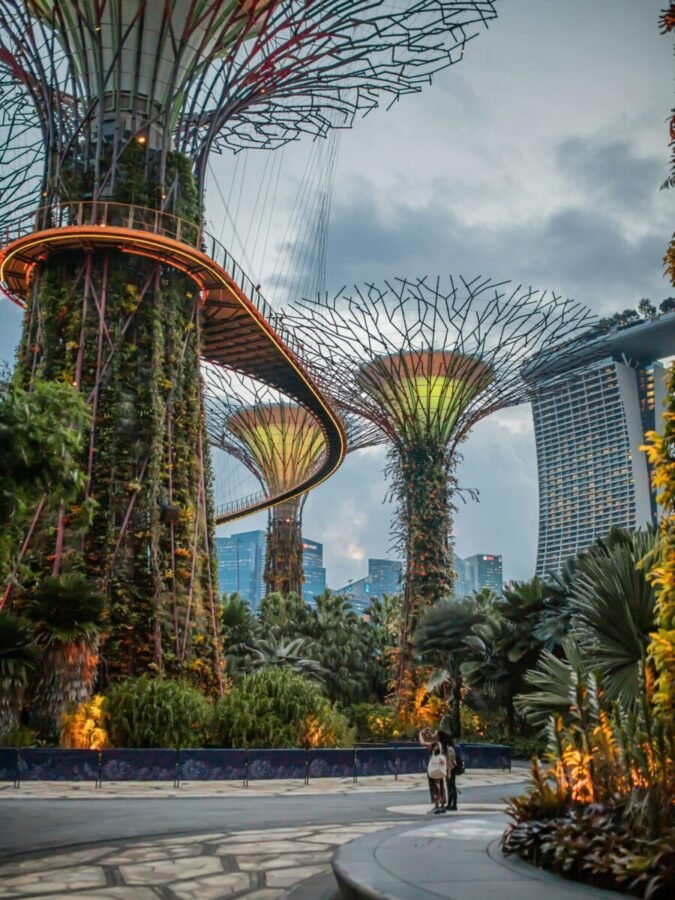 Supertree Grove at Gardens by the Bay Singapore with skywalk and city skyline