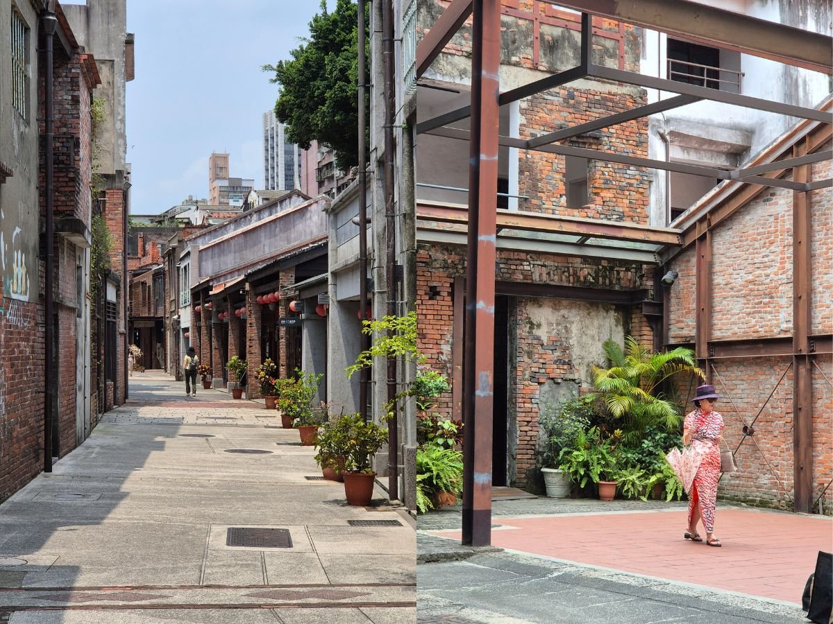 Two views of Bopiliao Historic Block in Taipei: a quiet covered alley lined with brick pillars and red lanterns, and a courtyard of exposed brick where a woman in a red cheongsam is filmed with an umbrella