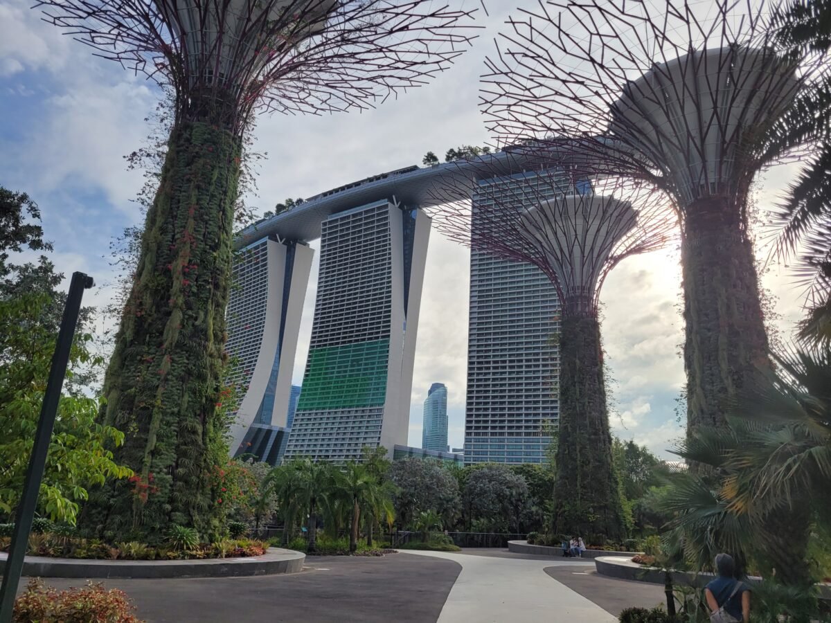 gardens-by-the-bay-supertrees-marina-bay-sands Supertree Grove at Gardens by the Bay with Marina Bay Sands and Singapore's skyline in the background