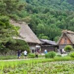 Traditional gassho-zukuri farmhouses in Shirakawa-go surrounded by lush mountains and a lotus-filled pond in Gifu Prefecture, Japan.