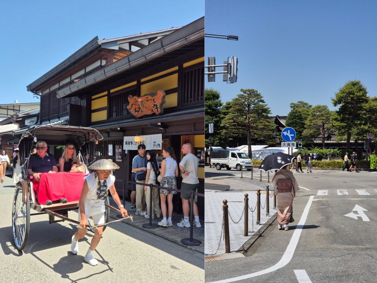 takayama-little-kyoto-rickshaw-kimono A rickshaw and a kimono-clad woman with a parasol on the old streets of Takayama, Japan's little Kyoto